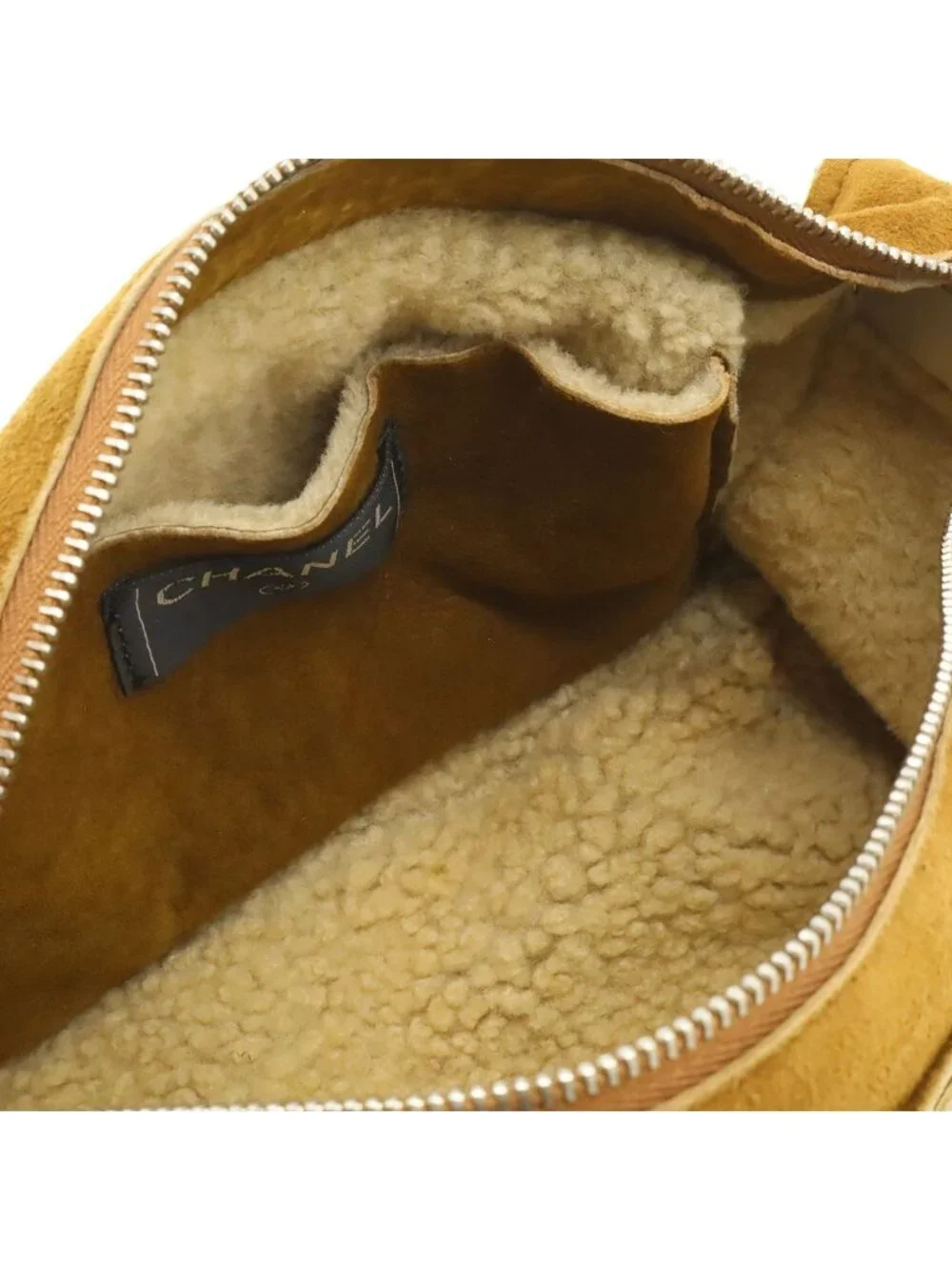 Chanel CC Logo Shoulder Bag Crossbody Shearling Brown Silver